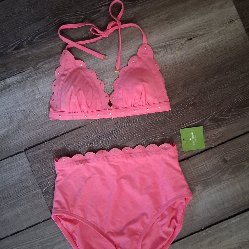 Kate Spade High Waist Bikini w/ 2 TOPS Halter & Triangle Scalloped Pink Small